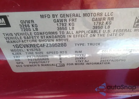 2015 Chevrolet Silverado 1500 1Lt z USA, uszkodzony, nr VIN 1GCVKREC4FZ395280